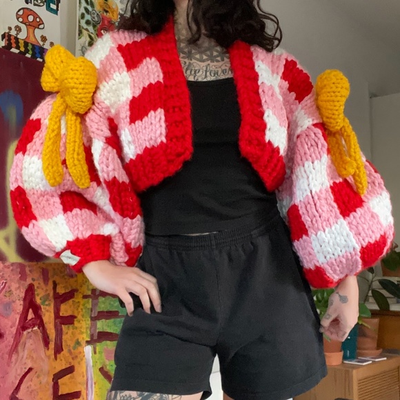 Handmade Gingham Oversized Cardigan, Crop Colossal Knit with Ribbon Details - Picture 7 of 14